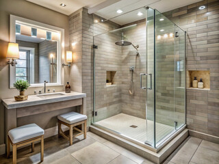 Luxurious modern bathroom featuring a sleek glass-enclosed shower with white subway tiles, rainfall showerhead, and chrome fixtures, surrounded by warm gray limestone walls.