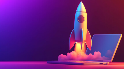 Business start-up concept and exploration of startup and rapid growth, launching space shuttle rocket or spaceship and taking off from laptop, 3d illustration