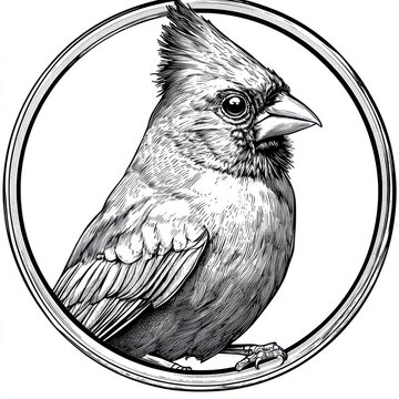 recommend clip art: Black and white Vintage engraved art of a cardinal in a circular stamp logo style, isolated on white background, ink sketch illustration, simple vector art design, highly detailed line art