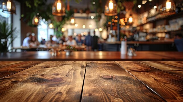 Warm ambiance of a rustic restaurant interior during dinner time with wooden tables and soft lighting