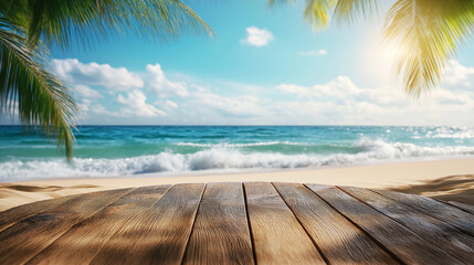 Fototapeta premium Empty wooden podium, Relaxing nature sea trees background, Product display and presentation, Promote products, Copy space, Vintage tone filter effect color style