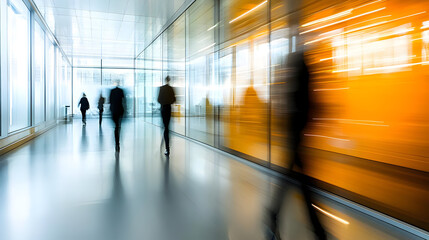 Blurred figures walking in a modern office building.