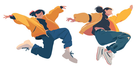 dynamic dancer in exaggerated pose wearing yellow streetwear, flat vector