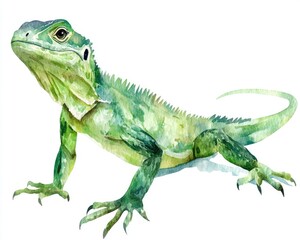Fototapeta premium Closeup Watercolor Lizard Isolated on White Background. Exotic Tropical Island Dragon in Green Colors