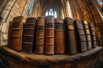 Ancient Leather-Bound Books in a Gothic Cathedral