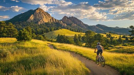 Colorado Biking. Mountain Biker Riding on Flatirons Vista Trail near Boulder