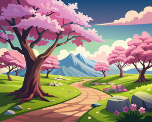 Cherry Blossom Trees in Full Bloom landscape anime style