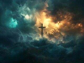 Dramatic Storm Clouds Backdrop with Glowing Cross   Powerful Religious Concept