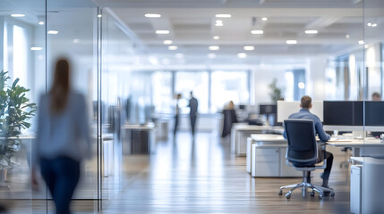 Blurred office space with people working.