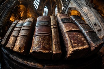 Antique Leather-Bound Books Resting on a Wooden Shelf Inside a Cathedral