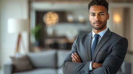 Fototapeta premium Confident businessman in a formal suit poses with arms crossed in a modern office environment during daytime