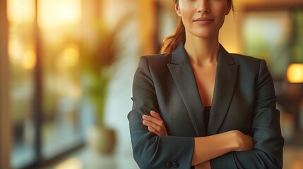 Fototapeta premium Confident businesswoman in a smart suit standing with arms crossed in a modern office during golden hour