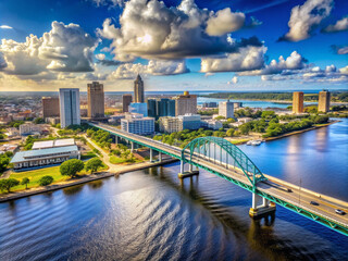 Fototapeta premium Majestic St. Johns River bridge stretches across serene blue waters, connecting vibrant Jacksonville cityscape to suburban coastline under sunny Florida skies.