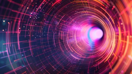 Fototapeta premium A dynamic digital tunnel filled with vibrant neon colors of pink, orange, and purple, creating a futuristic and immersive visual effect with a sense of depth and motion