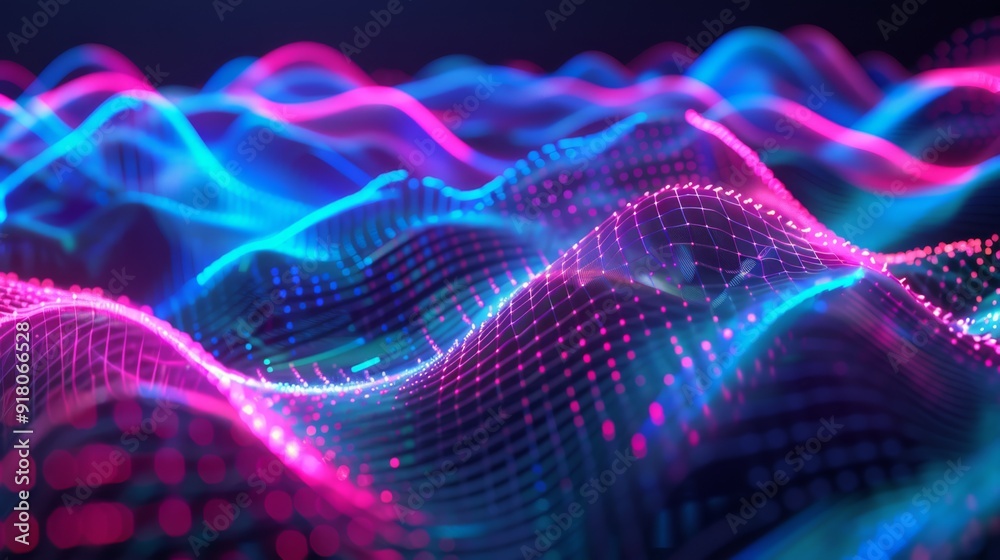 Sticker Dynamic neon waves in pink, blue, and purple on a dark background. Vibrant grid patterns create a fluid, mesmerizing effect, blending colors seamlessly