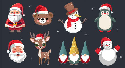 Merry Christmas set with Santa, winter animals in hats, gnomes. Winter characters set. For banner, card, package.