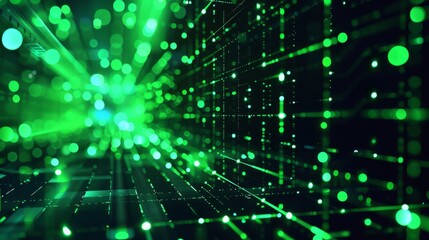 Obraz premium Green futuristic digital matrix background with glowing dots, lines, and grid patterns. Ideal for technology, cyber, and data visualizations