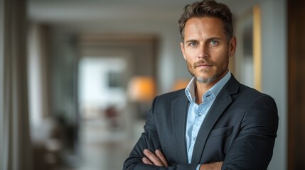 Businessman posing confidently in a modern office setting during the day