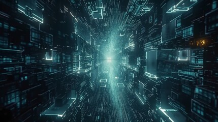Obraz premium A futuristic digital tunnel featuring illuminated blue cubes and lines. The intricate patterns and glowing elements create a sense of depth and motion, converging towards a bright light