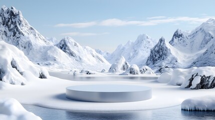 Snow-covered mountains and frozen lake with round podium, serene winter landscape background for product display
