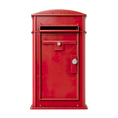 Front view of a classic red British mailbox, isolated on a white transparent background.