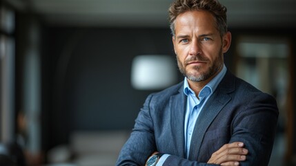 Confident man in a blazer standing with arms crossed in a modern office interior