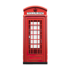 Front view of a classic red telephone booth, isolated on a white transparent background.