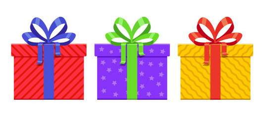 Three Gift Boxes With Different Wrapping Paper and Bow Colors. Flat Vector Illustration