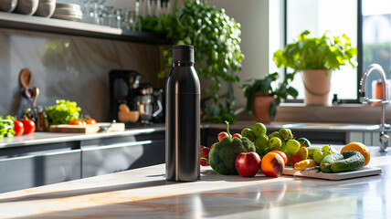 A sleek  modern food-grade water bottle placed on a stylish kitchen countertop  surrounded by fresh fruits and vegetables