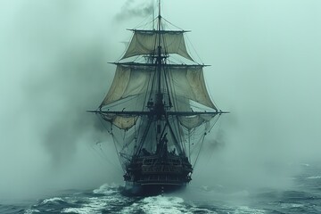 Fototapeta premium Majestic Sailing Ship Navigating Through Dense Fog on Stormy Ocean Waters