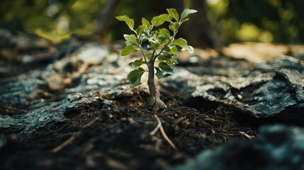 Close-up of a small tree's regrowth after a storm, symbolizing the strength and resilience of a community rebuilding together.