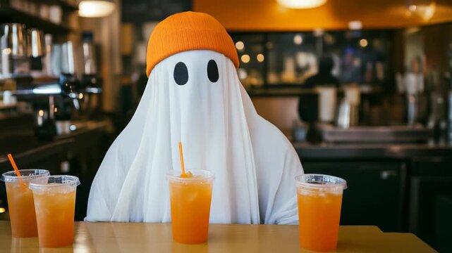 Person dressed as a ghost in a caf&eacute;, wearing an orange beanie and sitting with three orange drinks on the table