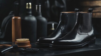 Close-up of black leather boots alongside shoe care equipment, displayed on a black background, emphasizing quality and maintenance.