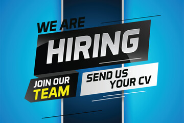 Fototapeta premium Hiring recruitment design for banner poster. We are hiring lettering with geometric shapes lines. Vector illustration typographic. Open vacancy design template