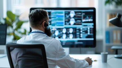 Fototapeta premium Modern Healthcare Innovation: Virtual Telemedicine Consultation with Doctor on Large Screen for Remote Health Services