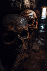 Ancient Skull Art in Atmospheric Settings, Generative AI