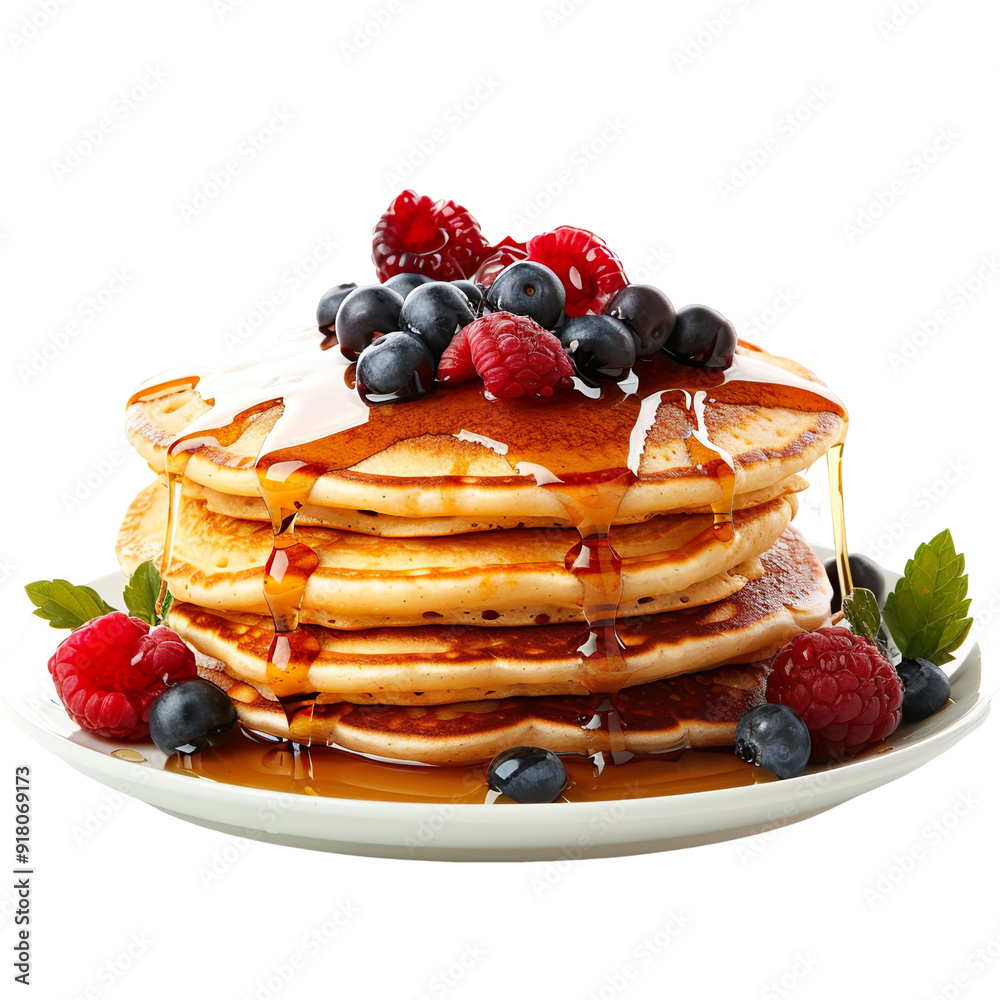 Wall mural front view of a stack of pancakes with syrup and berries, isolated on a white transparent background