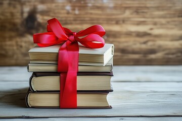 A stack of books with a red ribbon gift on a light wooden background