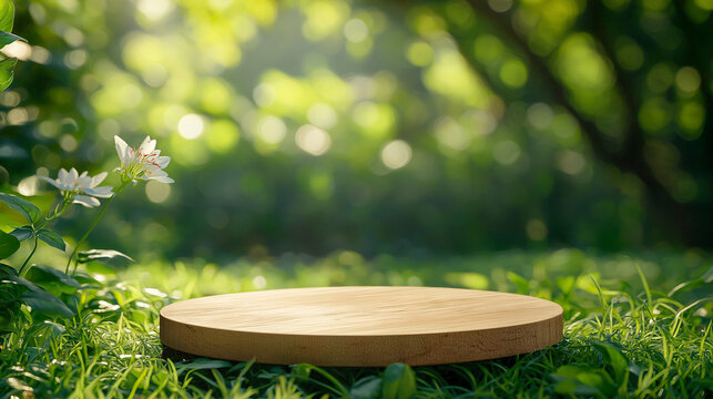 Empty round wooden podium, Relaxing spring green nature forest background, Cosmetics, Perfumes and product display, Promote organic healthy products, Copy space