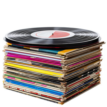 Front view of a stack of vinyl records with vibrant album covers, isolated on a white transparent background.