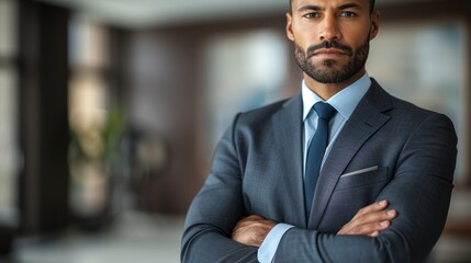 Fototapeta premium Confident businessman in a suit stands with arms crossed in a modern office interior during the day