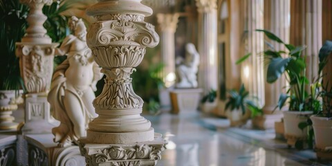Fototapeta premium Ornate column detail, marble statue, green plants.