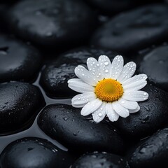 Serenity and Relaxation: White Daisy Flower on Black Pebbles in a Spa Background Generative AI