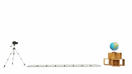 Background for World Photography Day with an illustration of a camera on a tripod aiming at a globe on a pile of wood and a roll of film. Suitable to place on content with that theme.