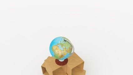 A world map globe on a pile of wood. Suitable to place on content with that theme.