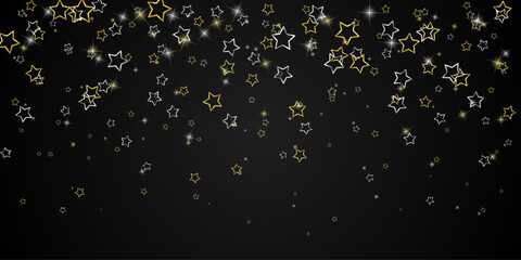 Falling gold and silver bright stars confetti on dark Christmas background. Vector illustration.
