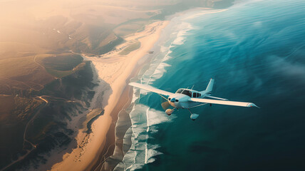 Fototapeta premium A small private plane flying low over a coastal area with the ocean and sandy beaches clearly visible below
