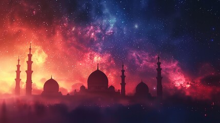 Obraz premium mosque silhouettes and gradient galaxy background for ramadan.