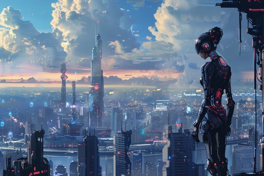 A female android stands on a rooftop in a futuristic city at dusk