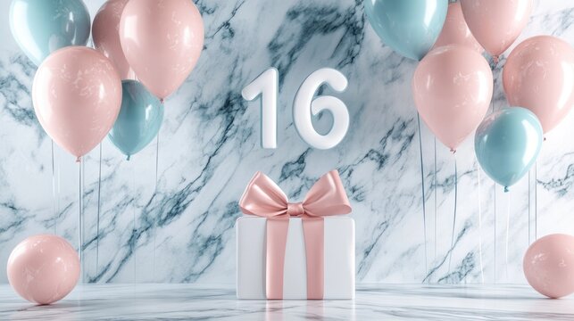 Happy 16 Birthday. Celebrating Sweet Sixteen with Modern Marble Composition and Balloon Decorations